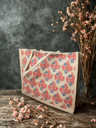 [BG007] Floral Motif Jute Bag